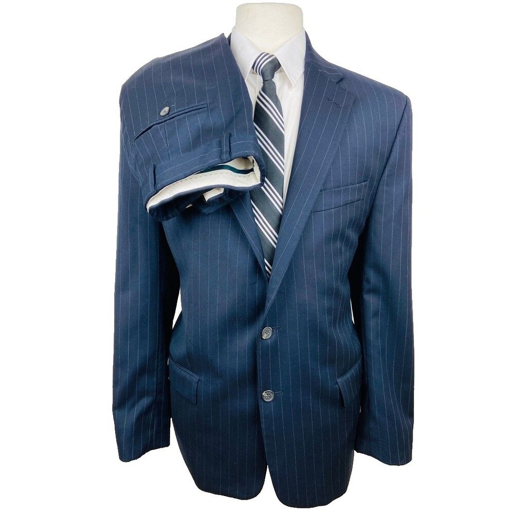 RALPH LAUREN Mens 43L Navy Stripe 100% Wool Canada 2 Piece Suit With Pants 38x30